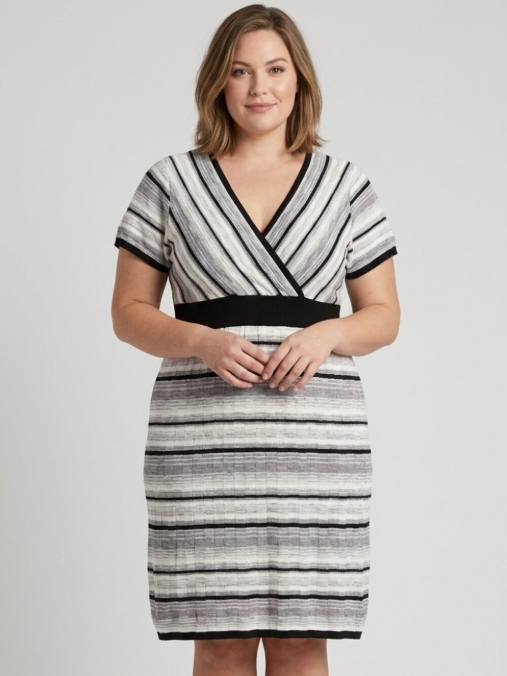 Striped V-Neck Cinched Waist Stretchy Cotton Midi Dress Size 18 Black Gray White